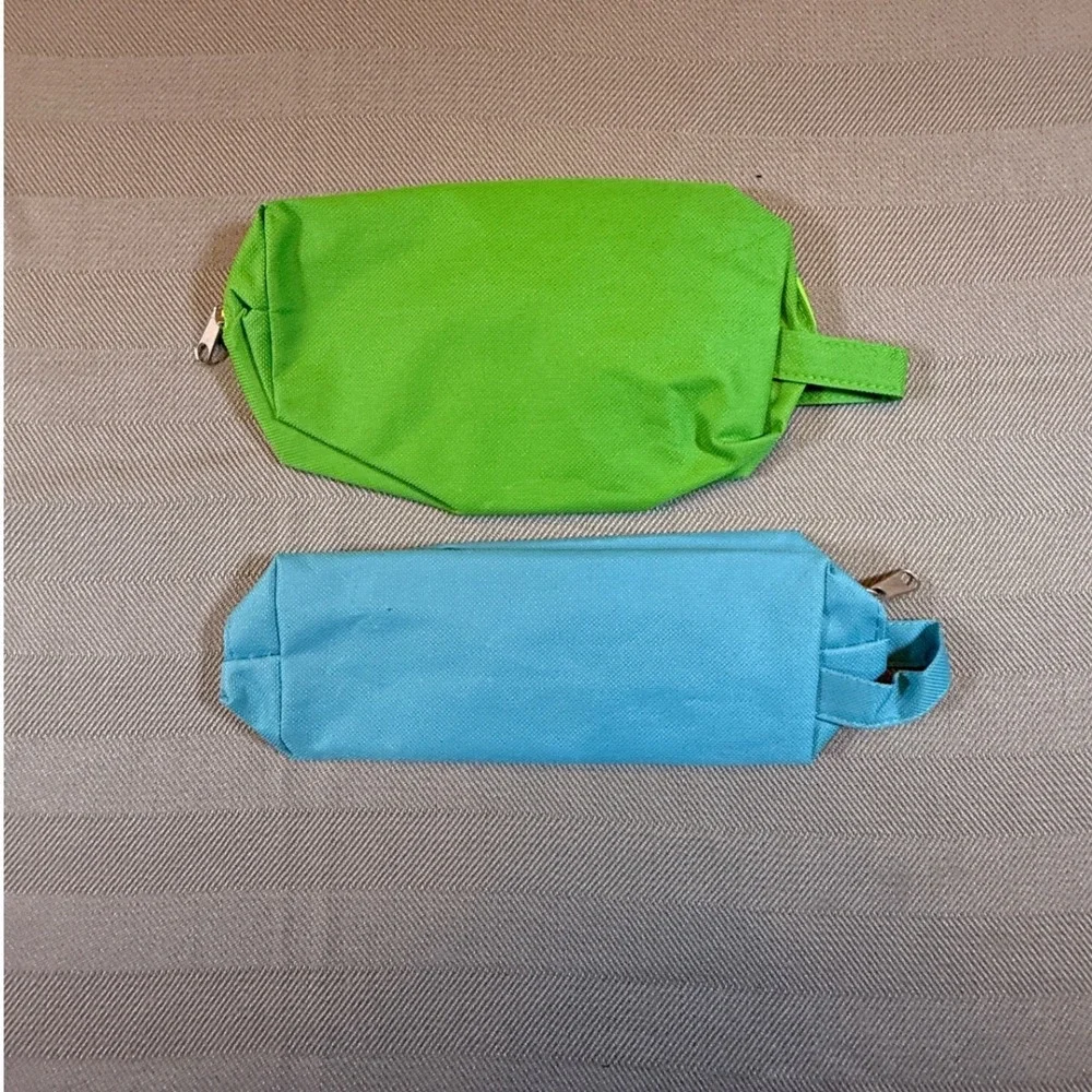 Set of 2 Canvas Toucan Pencil Pouches Green & Blue Zipper Travel Bags 2371
